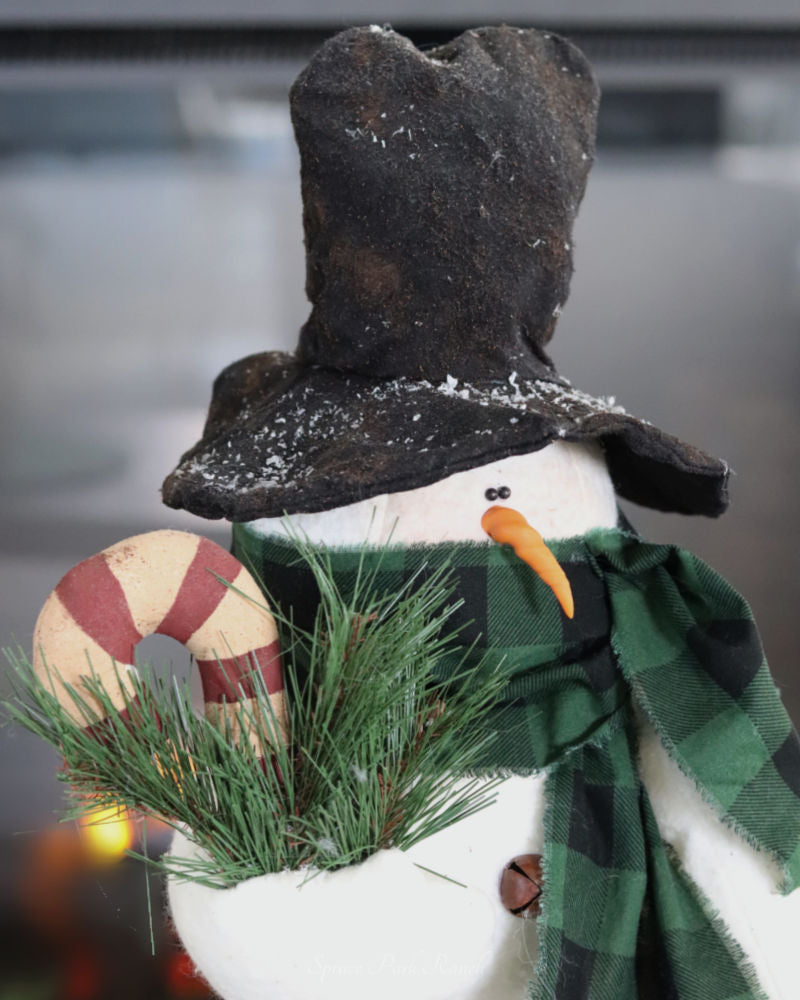 Candy Cane Snowman With Green Plaid Scarf