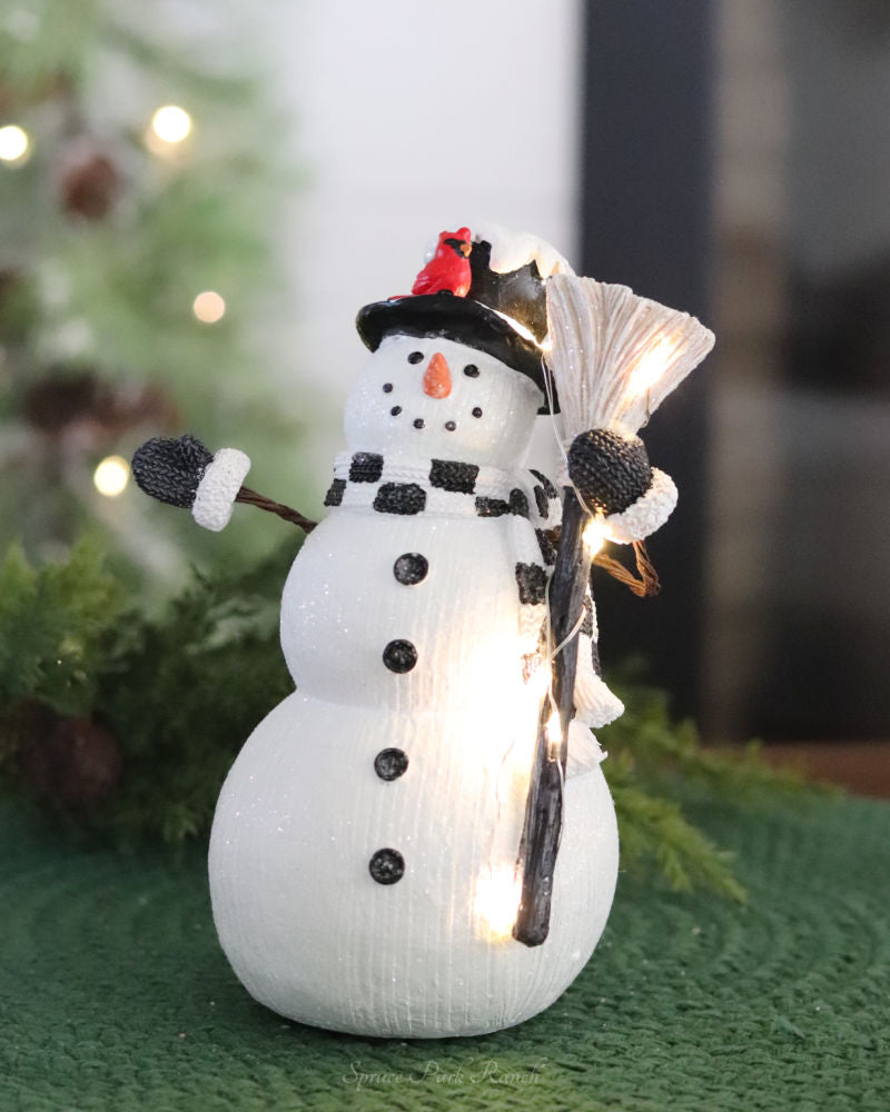 White Glittered Resin Woodgrain LED Snowman