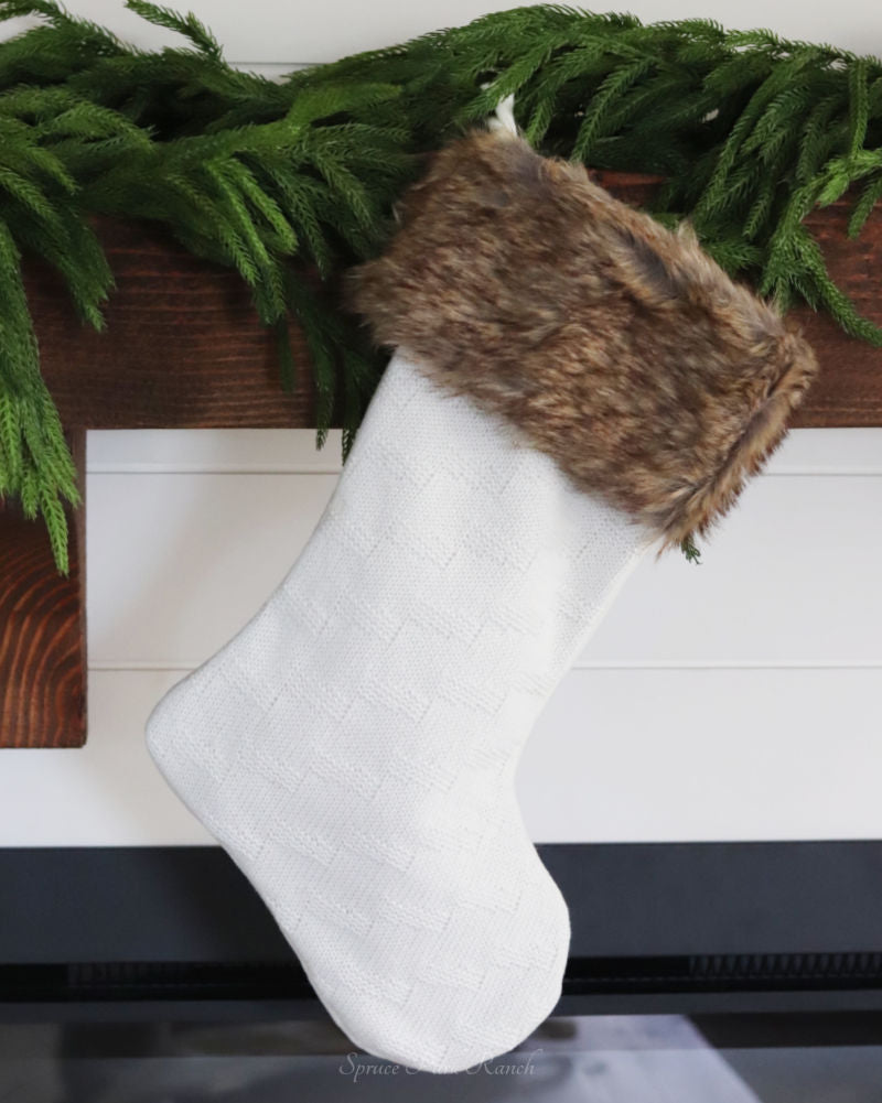 White Knit Stocking With Faux Fur Cuff