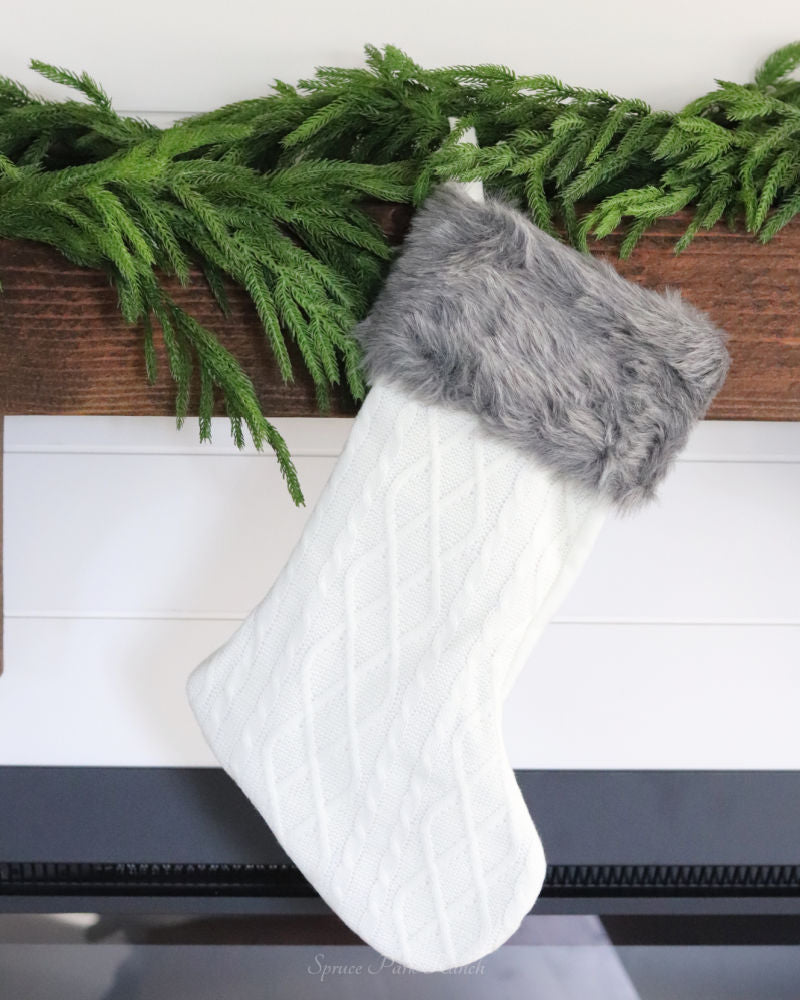 White Knit Stocking With Faux Fur Cuff