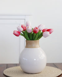 White Stoneware Vases With Wood Decal Detail