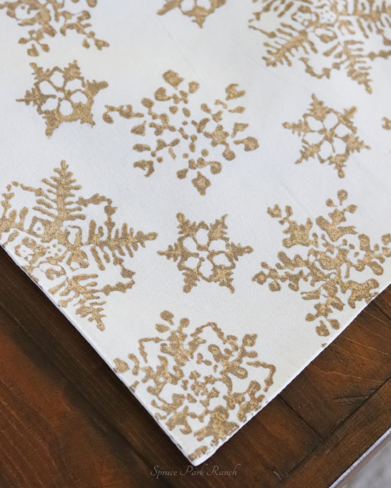 Hand Block Printed Ivory and Gold Snowflake Table Runner 72"