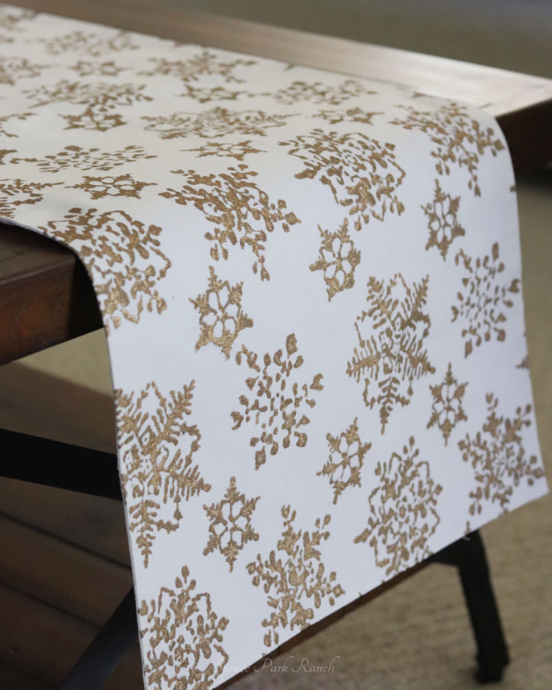 Hand Block Printed Ivory and Gold Snowflake Table Runner 72"