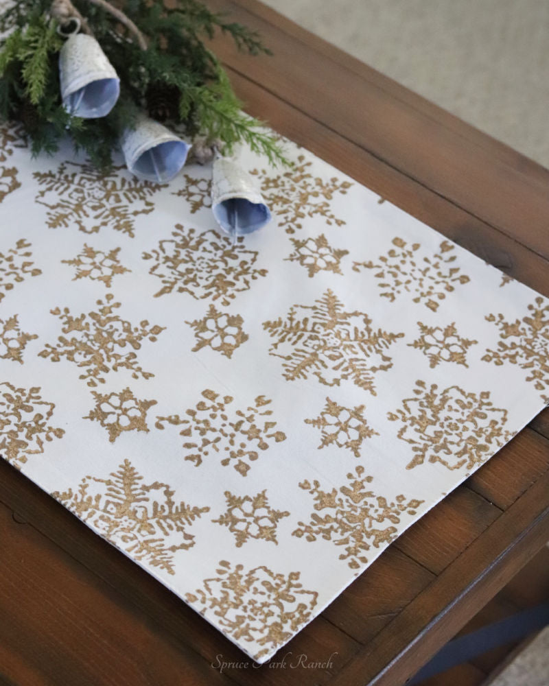 Hand Block Printed Ivory and Gold Snowflake Table Runner 72"