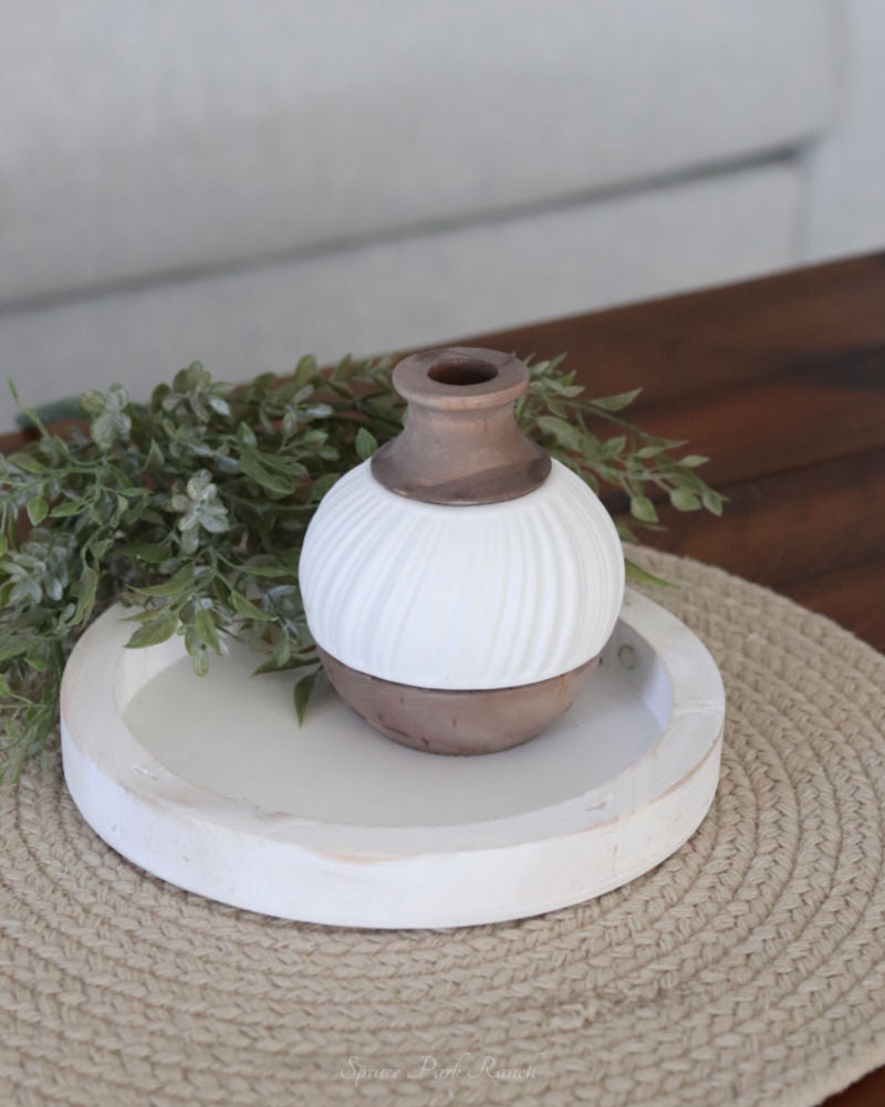 Distressed White Round Wood Tray