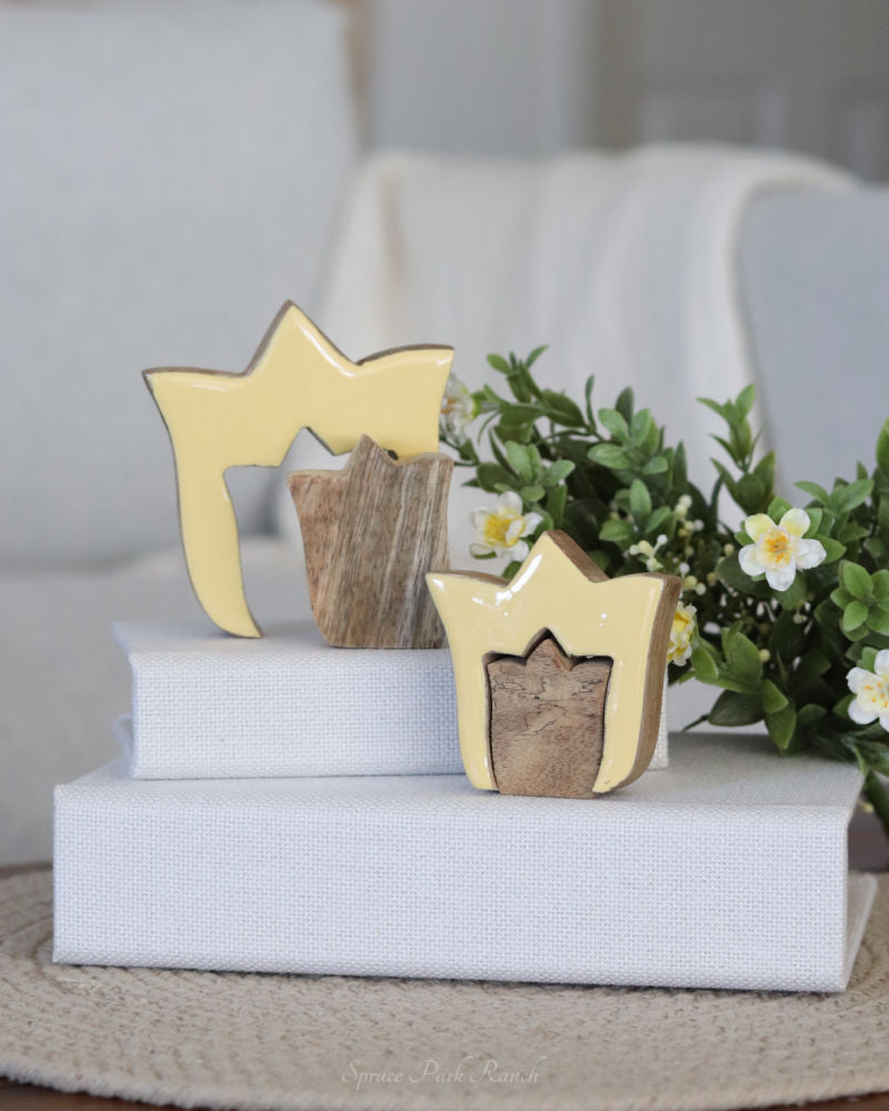 Layered Yellow Tulip Wood Block Set of 2