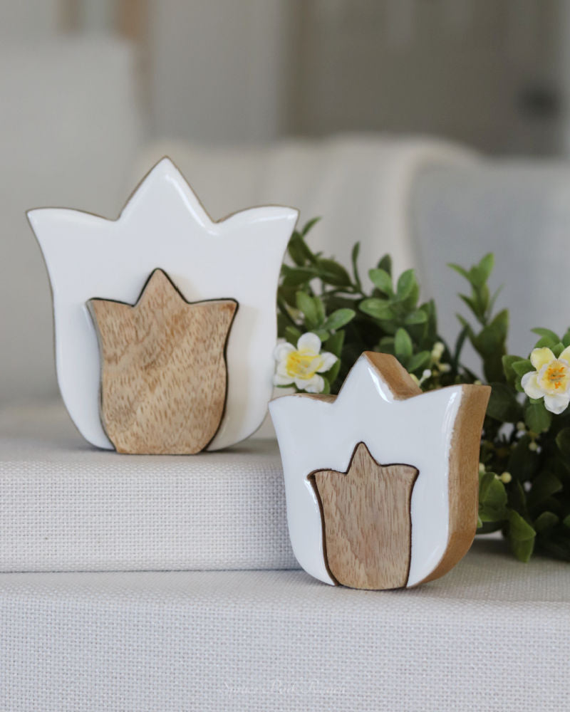 Layered White Tulip Wood Block Set of 2