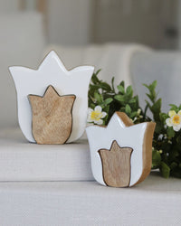 Layered White Tulip Wood Block Set of 2