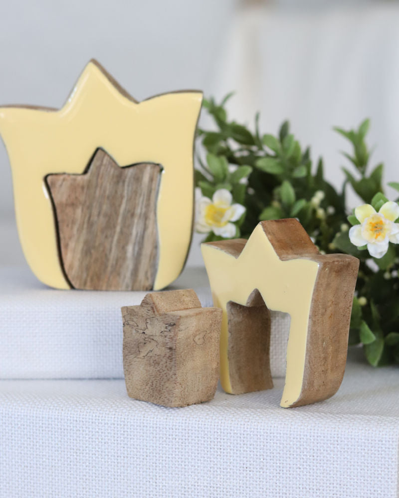 Layered Yellow Tulip Wood Block Set of 2