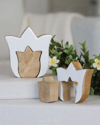 Layered White Tulip Wood Block Set of 2