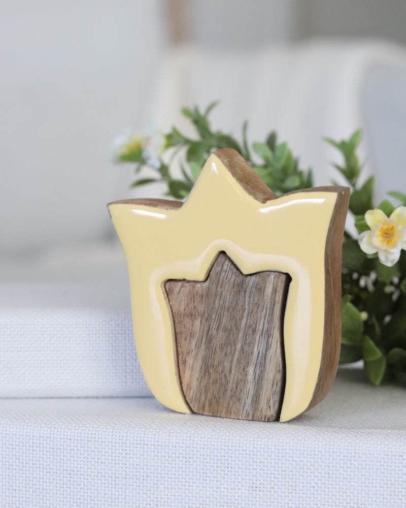 Layered Yellow Tulip Wood Block Set of 2