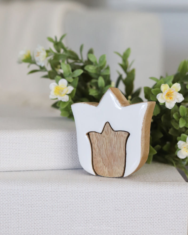 Layered White Tulip Wood Block Set of 2