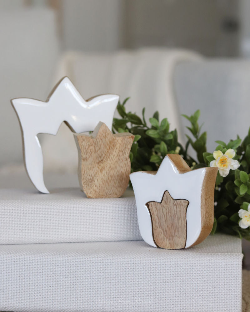 Layered White Tulip Wood Block Set of 2