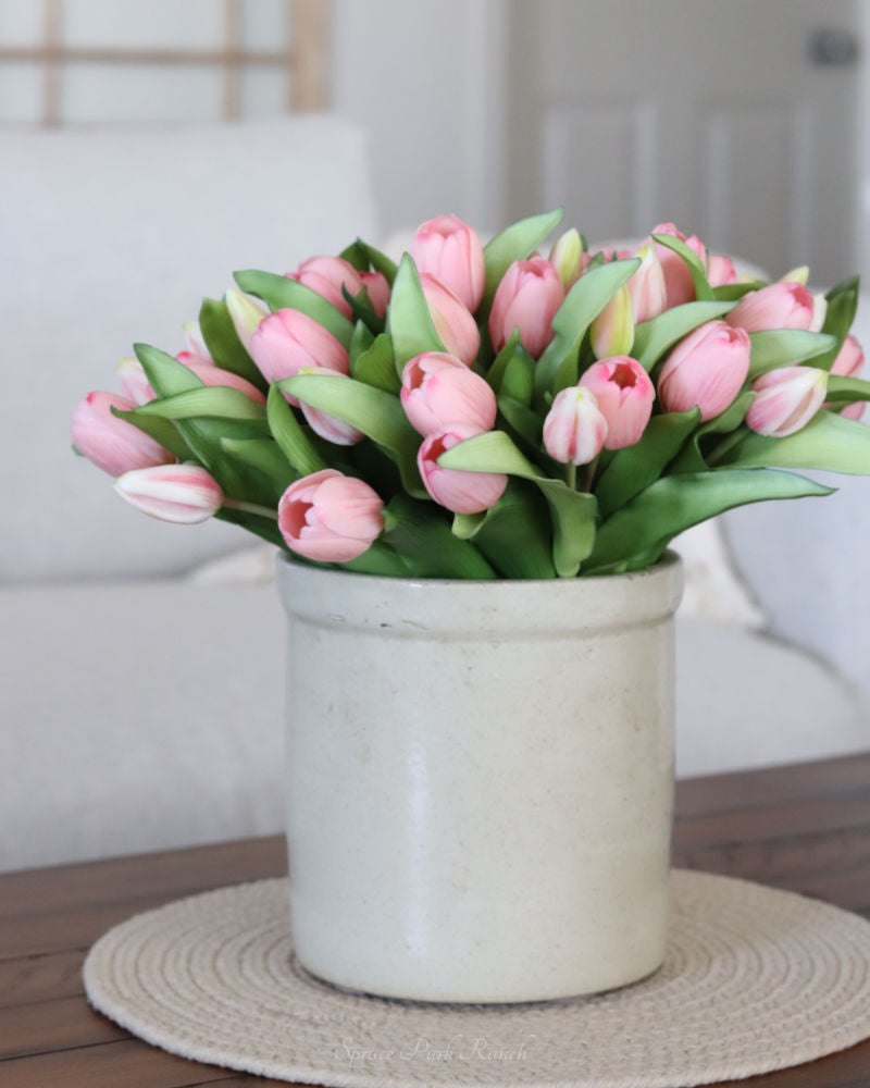 Tulip Bundle Pink Flower and Bud Real Touch 12"