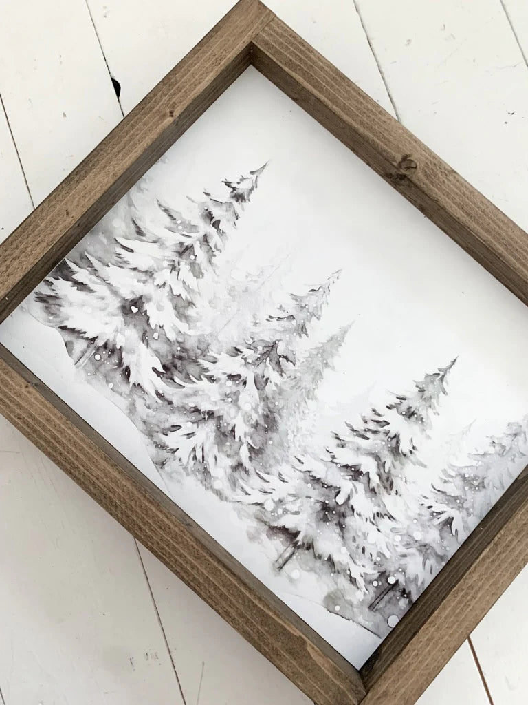 Winter Trees Vintage Print Brown Frame