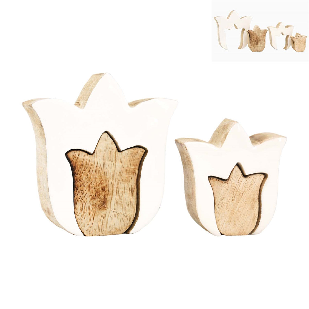 Layered White Tulip Wood Block Set of 2