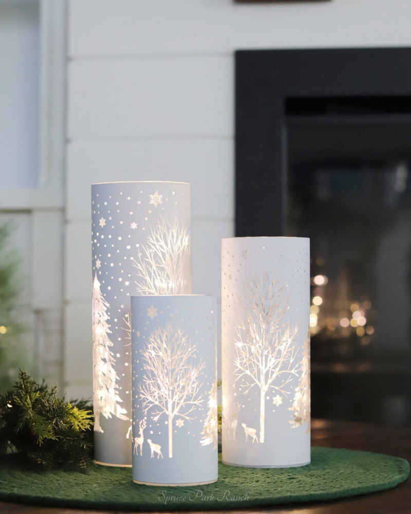 White Laser Engraved Winter Scene LED Cylinder