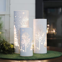 White Laser Engraved Winter Scene LED Cylinder