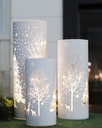 White Laser Engraved Winter Scene LED Cylinder