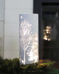 White Laser Engraved Winter Scene LED Cylinder