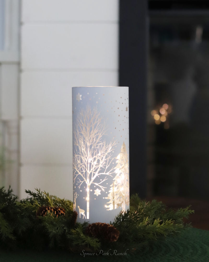 White Laser Engraved Winter Scene LED Cylinder