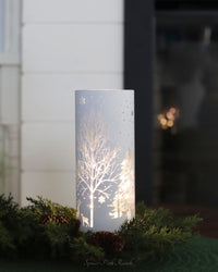 White Laser Engraved Winter Scene LED Cylinder