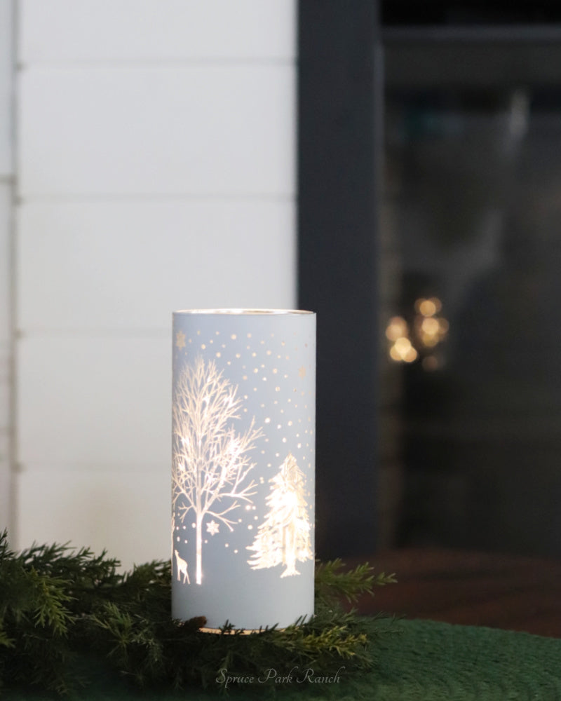 White Laser Engraved Winter Scene LED Cylinder