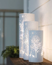 White Laser Engraved Winter Scene LED Cylinder