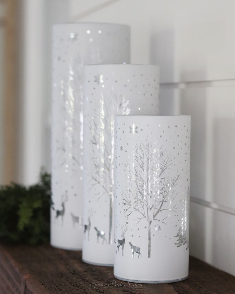 White Laser Engraved Winter Scene LED Cylinder