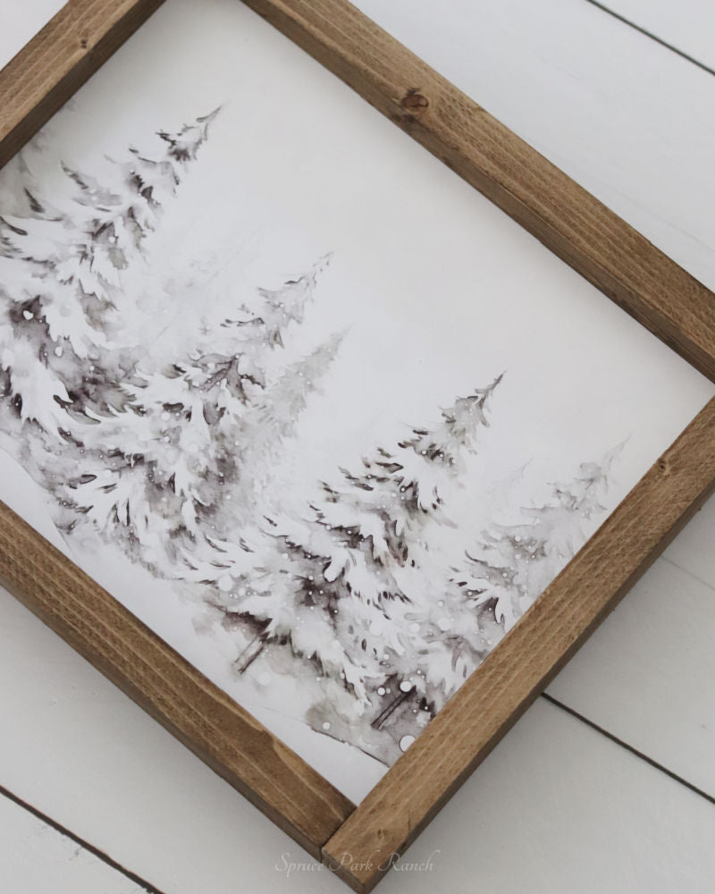 Winter Trees Vintage Print Brown Frame