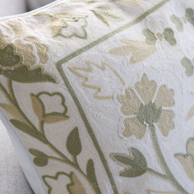 Cream and Green Floral Embroidered Pillow