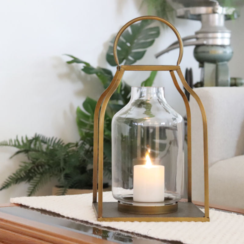 Gold Metal Trapezoid Lantern With Glass Hurricane