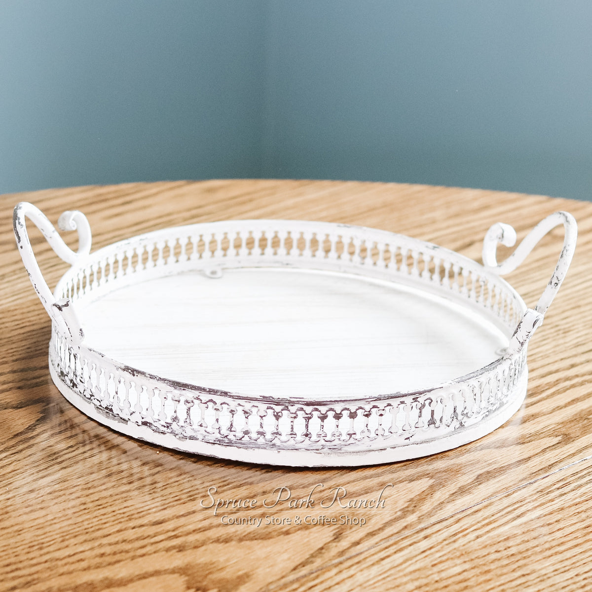 Round Distressed Whitewash Tray