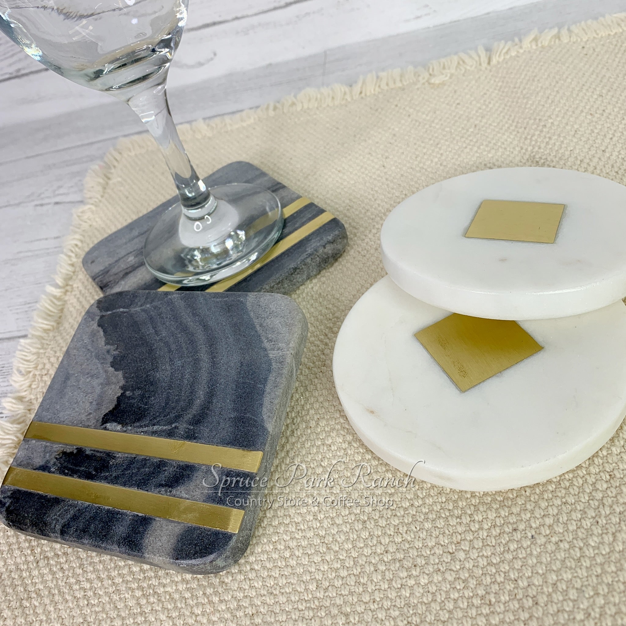 Marble and Brass Coaster Set Spruce Park Ranch